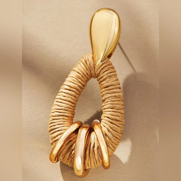 Anthropologie, Raffia-Wrapped Hoop Earrings, Tan - NWT!!! - Picture 3 of 7